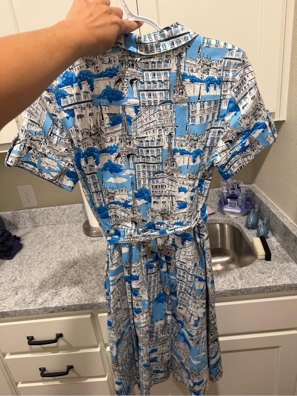 Karl Lagerfeld Blue & White Printed Midi Shirt Dress with Tie Waist - Picture 3 of 5